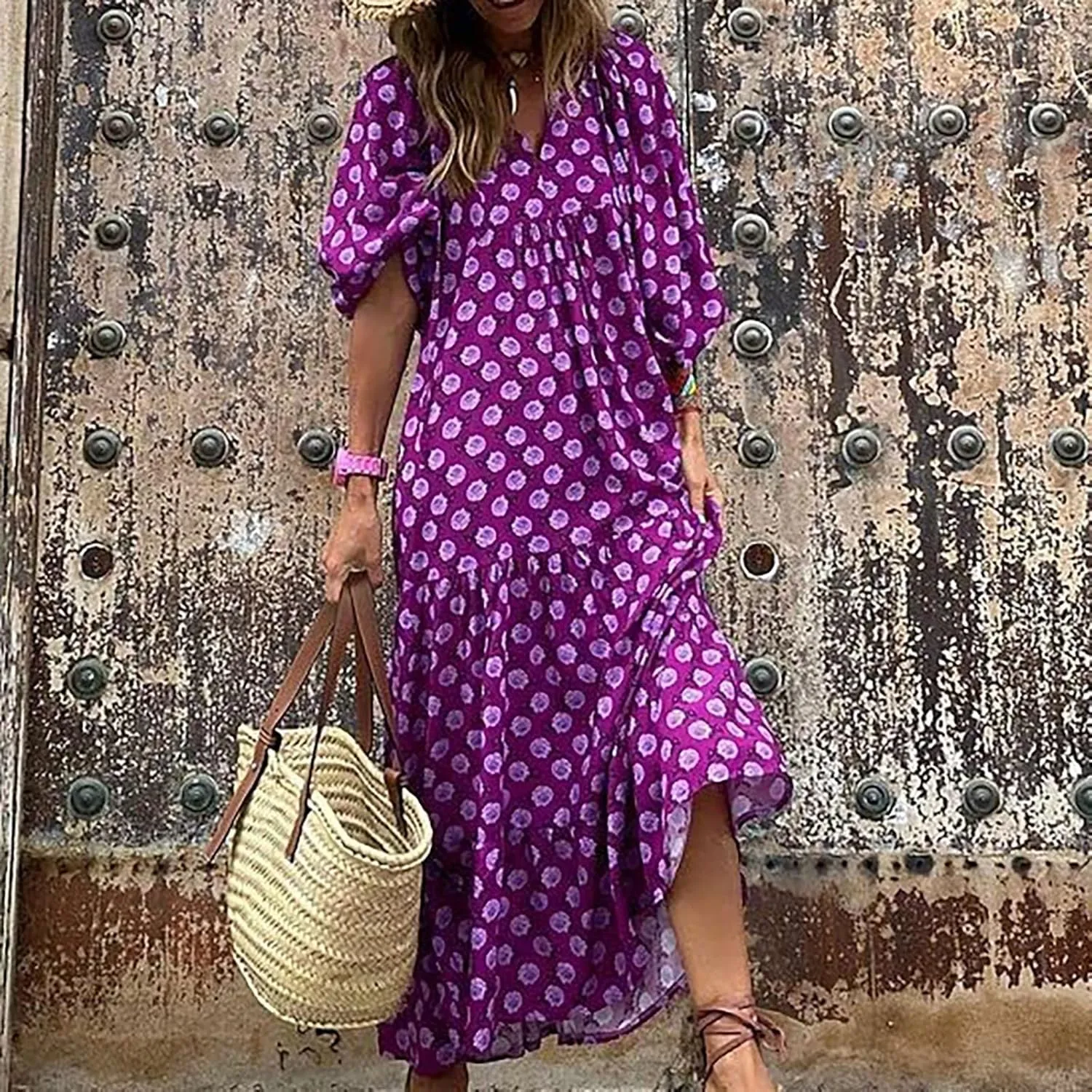 fanmpghleoo Maxi Dresses for Women 2025 Boho Beach Flowy Midi Dress Half Puff Sleeve Tiered Tea Party Wedding Guest Dress