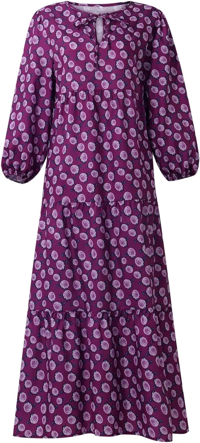 fanmpghleoo Maxi Dresses for Women 2025 Boho Beach Flowy Midi Dress Half Puff Sleeve Tiered Tea Party Wedding Guest Dress
