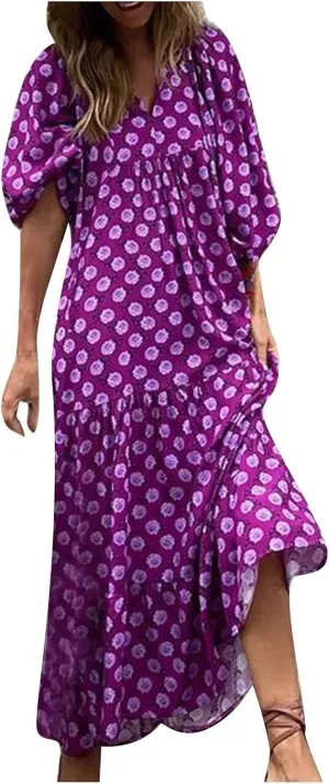 fanmpghleoo Maxi Dresses for Women 2025 Boho Beach Flowy Midi Dress Half Puff Sleeve Tiered Tea Party Wedding Guest Dress