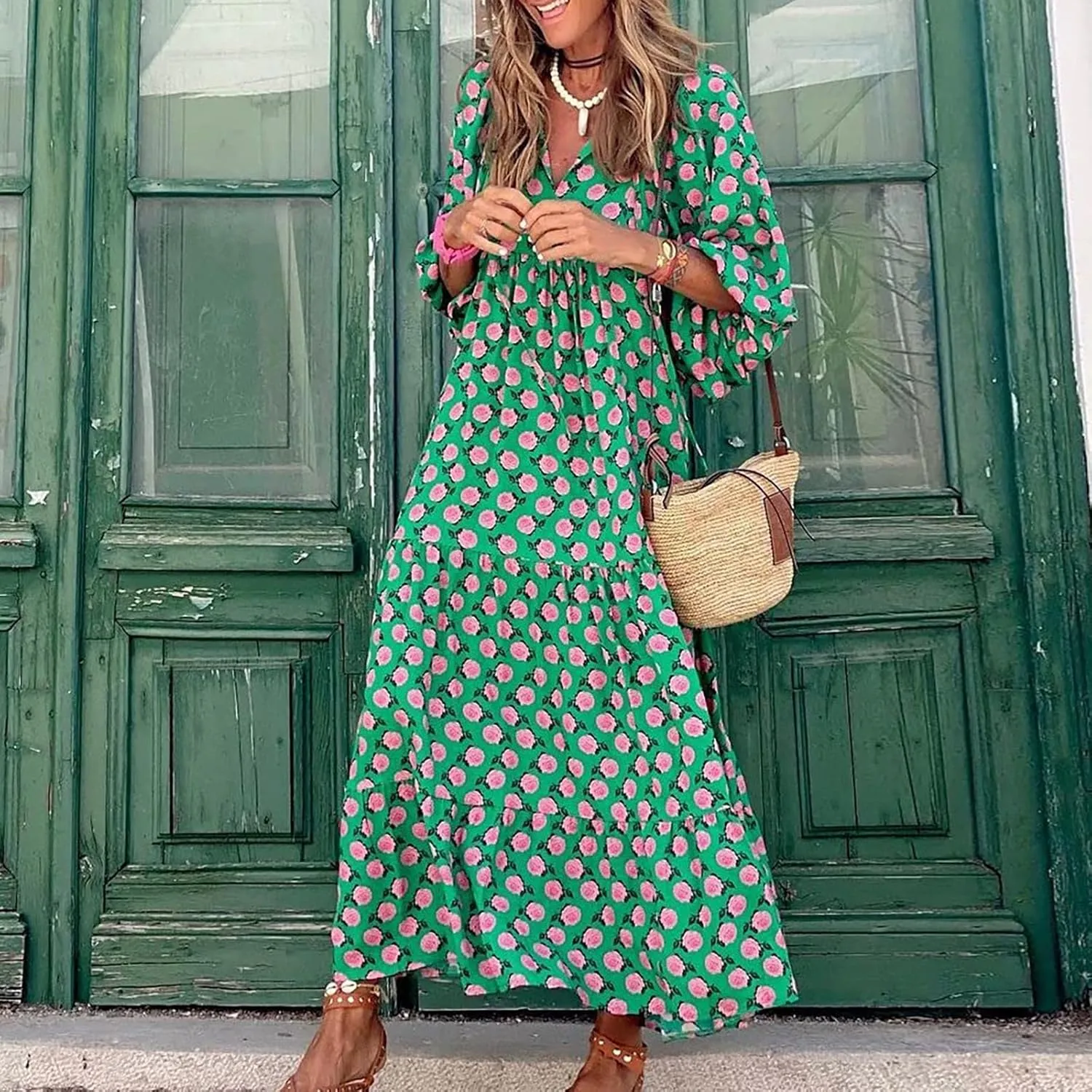 fanmpghleoo Maxi Dresses for Women 2025 Boho Beach Flowy Midi Dress Half Puff Sleeve Tiered Tea Party Wedding Guest Dress