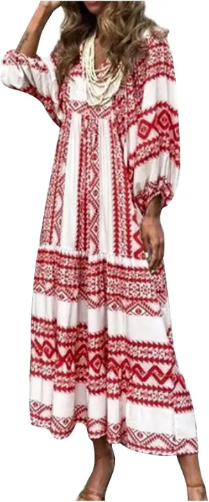 fanmpghleoo Maxi Dresses for Women 2025 Boho Beach Flowy Midi Dress Half Puff Sleeve Tiered Tea Party Wedding Guest Dress