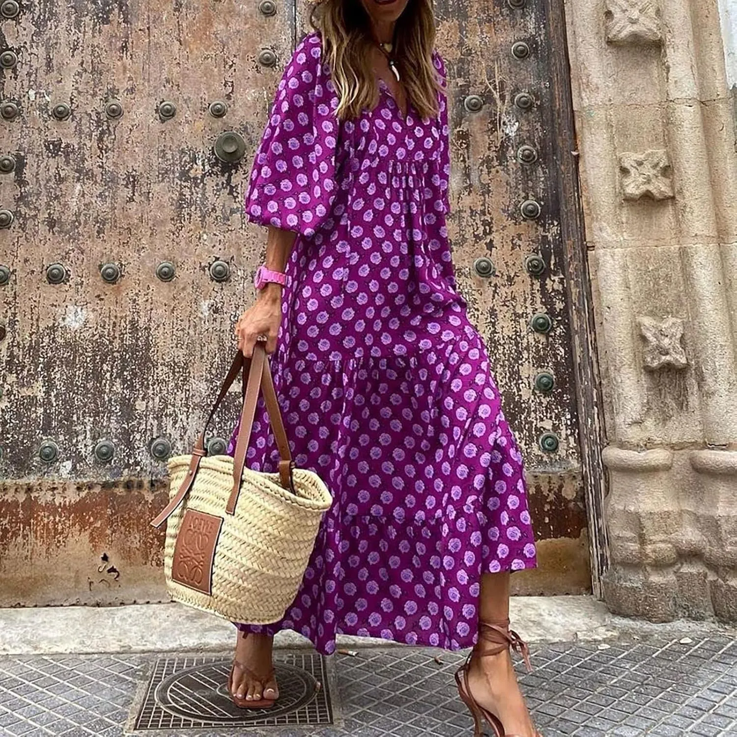 fanmpghleoo Maxi Dresses for Women 2025 Boho Beach Flowy Midi Dress Half Puff Sleeve Tiered Tea Party Wedding Guest Dress