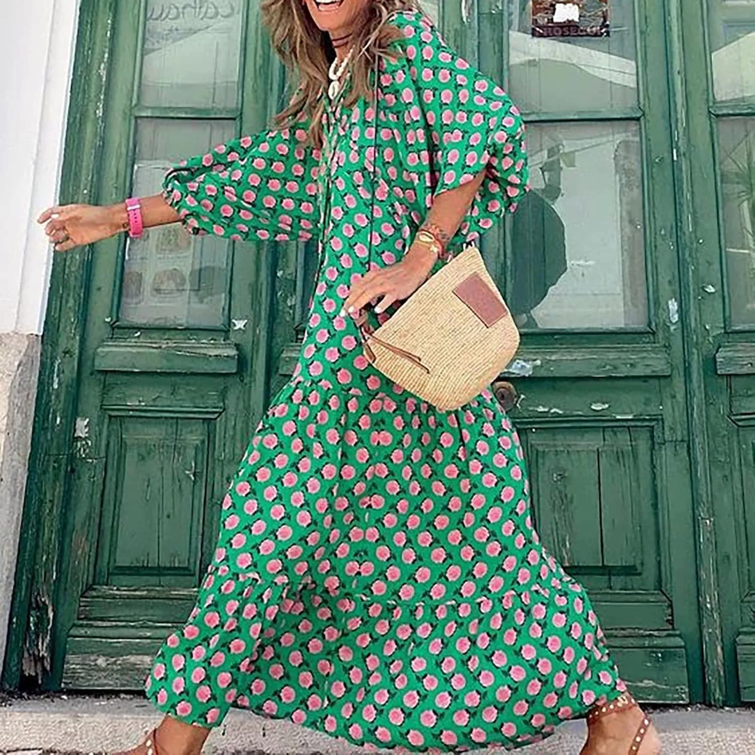 fanmpghleoo Maxi Dresses for Women 2025 Boho Beach Flowy Midi Dress Half Puff Sleeve Tiered Tea Party Wedding Guest Dress