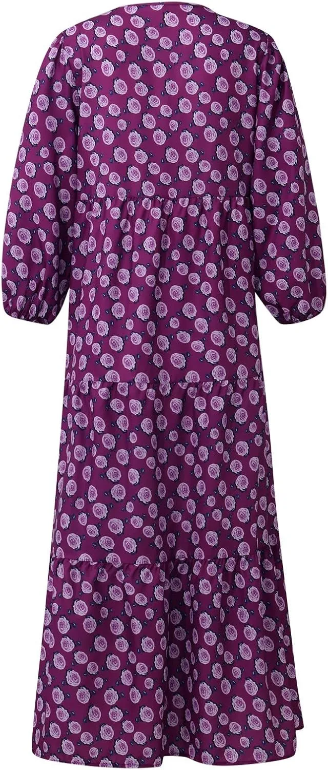 fanmpghleoo Maxi Dresses for Women 2025 Boho Beach Flowy Midi Dress Half Puff Sleeve Tiered Tea Party Wedding Guest Dress