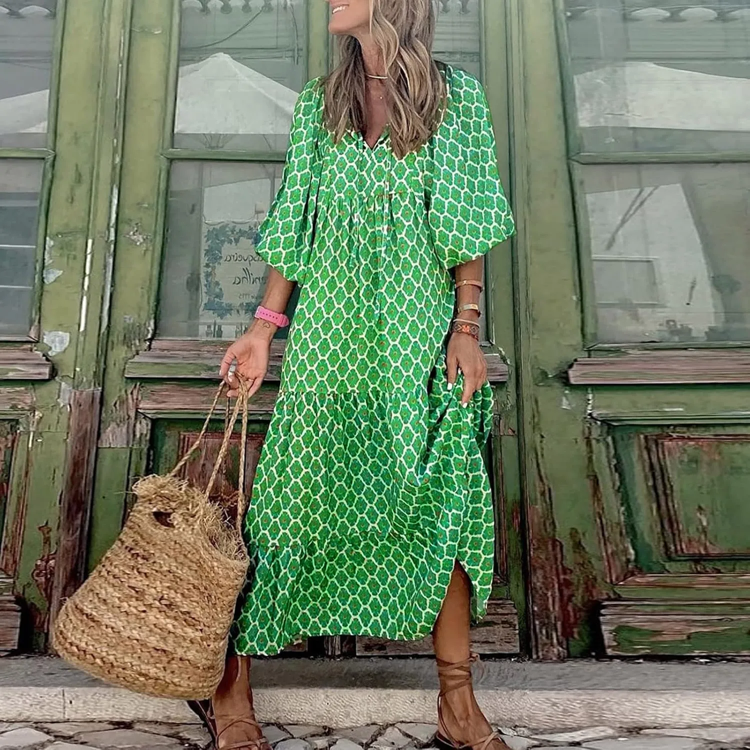 fanmpghleoo Maxi Dresses for Women 2025 Boho Beach Flowy Midi Dress Half Puff Sleeve Tiered Tea Party Wedding Guest Dress