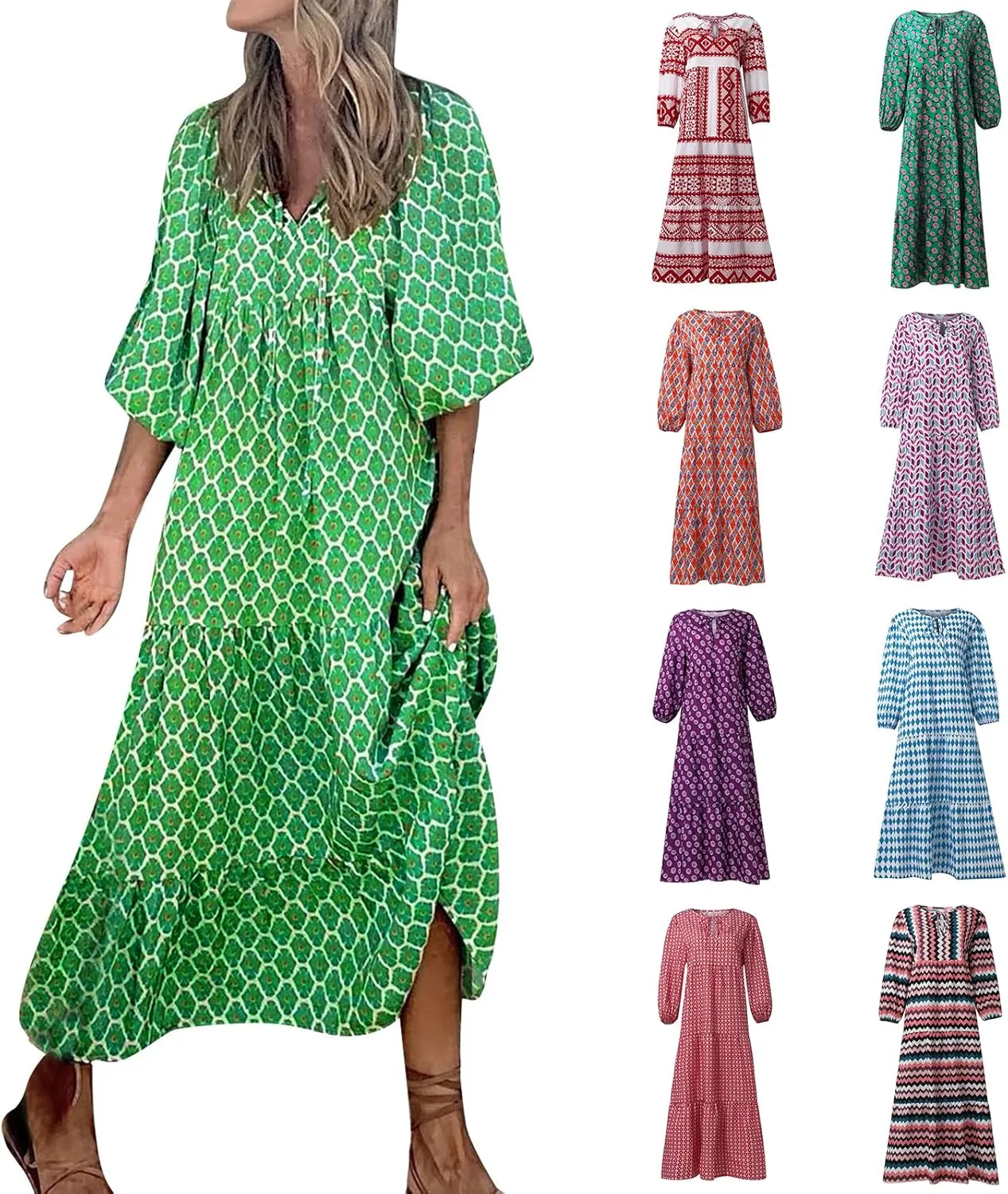 fanmpghleoo Maxi Dresses for Women 2025 Boho Beach Flowy Midi Dress Half Puff Sleeve Tiered Tea Party Wedding Guest Dress