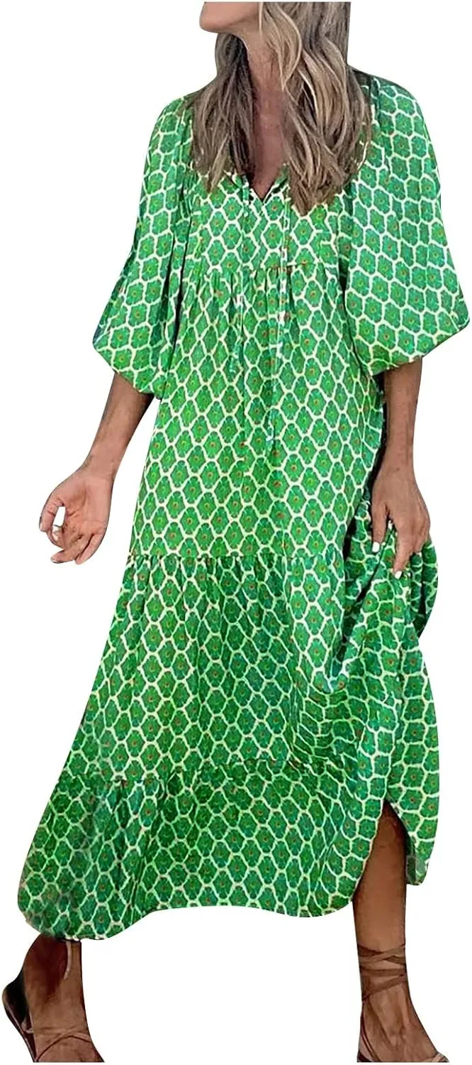 fanmpghleoo Maxi Dresses for Women 2025 Boho Beach Flowy Midi Dress Half Puff Sleeve Tiered Tea Party Wedding Guest Dress