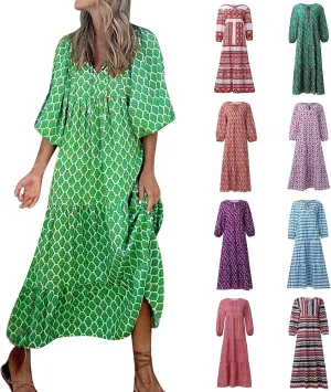 fanmpghleoo Maxi Dresses for Women 2025 Boho Beach Flowy Midi Dress Half Puff Sleeve Tiered Tea Party Wedding Guest Dress