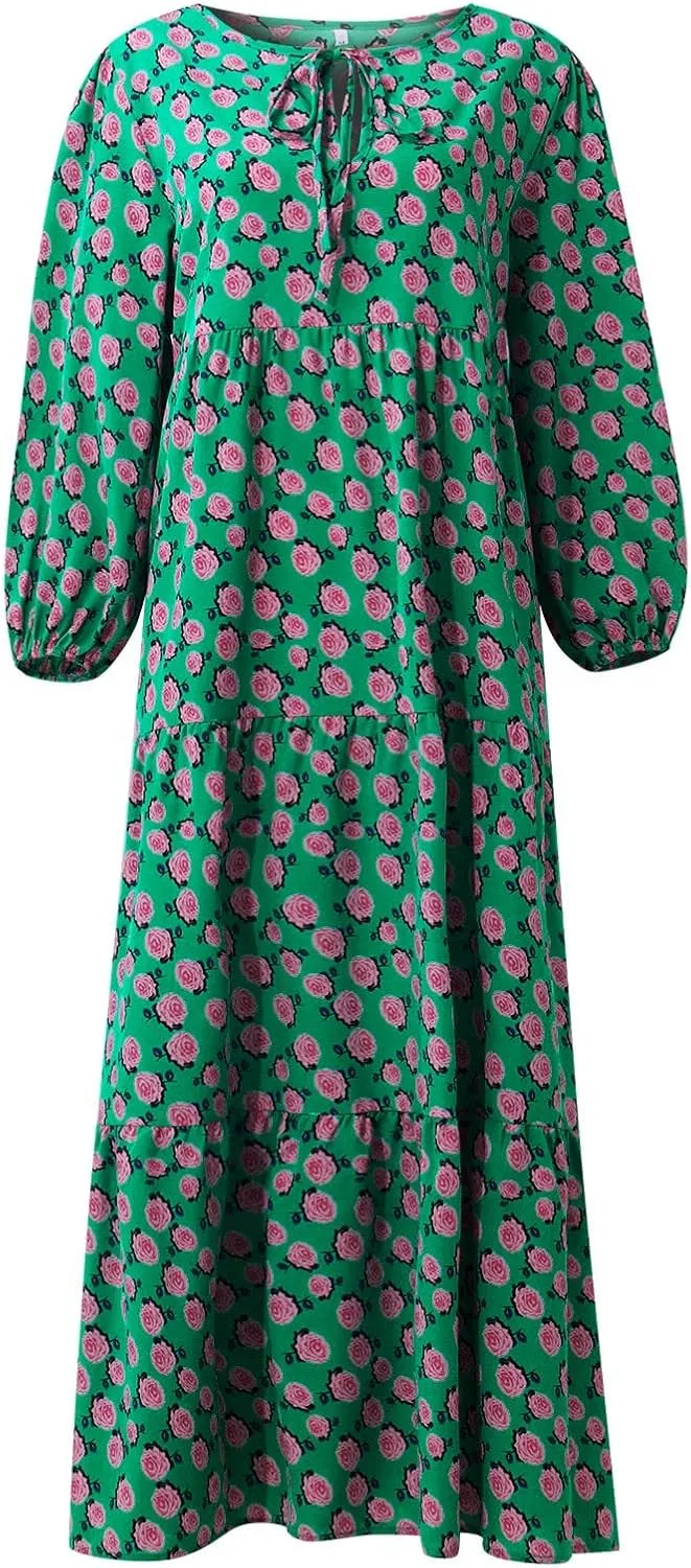 fanmpghleoo Maxi Dresses for Women 2025 Boho Beach Flowy Midi Dress Half Puff Sleeve Tiered Tea Party Wedding Guest Dress