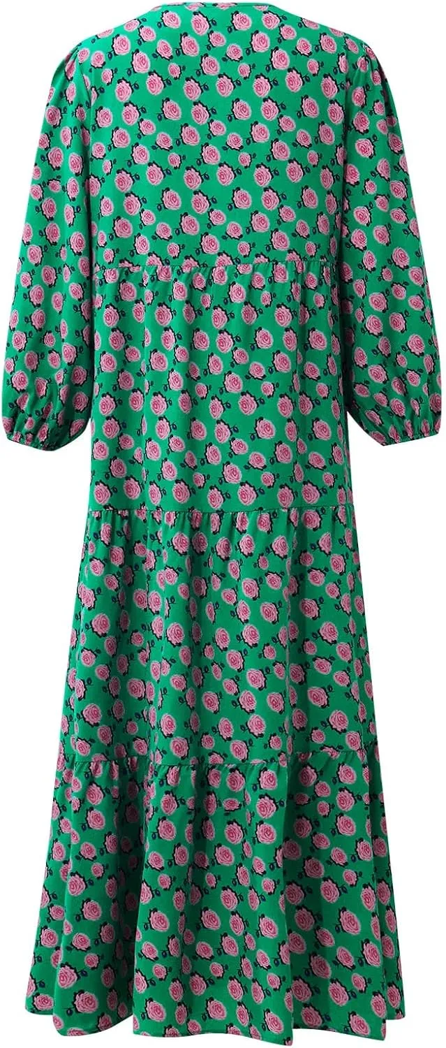 fanmpghleoo Maxi Dresses for Women 2025 Boho Beach Flowy Midi Dress Half Puff Sleeve Tiered Tea Party Wedding Guest Dress