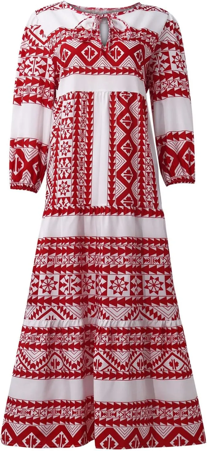 fanmpghleoo Maxi Dresses for Women 2025 Boho Beach Flowy Midi Dress Half Puff Sleeve Tiered Tea Party Wedding Guest Dress
