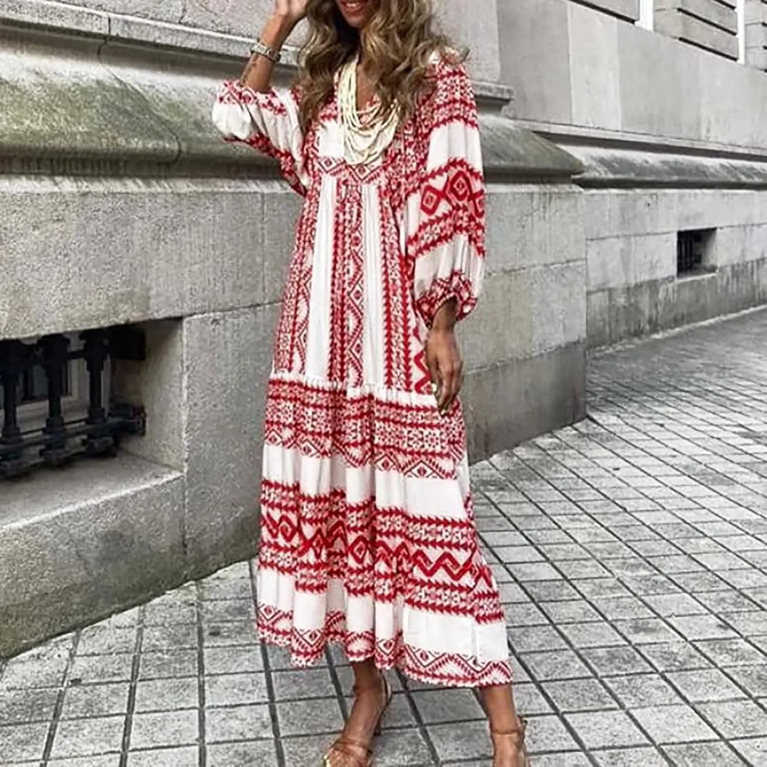 fanmpghleoo Maxi Dresses for Women 2025 Boho Beach Flowy Midi Dress Half Puff Sleeve Tiered Tea Party Wedding Guest Dress