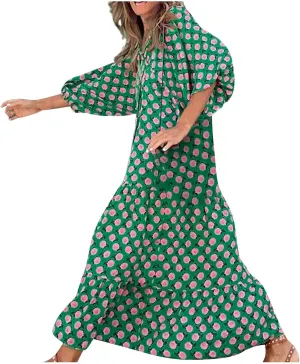 fanmpghleoo Maxi Dresses for Women 2025 Boho Beach Flowy Midi Dress Half Puff Sleeve Tiered Tea Party Wedding Guest Dress