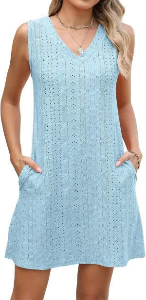 fanmpghleoo Summer Dresses for Women 2025 Strapless Shift Eyelet Dress Swim Bathing Suits Cover Up House Dresses with Pockets