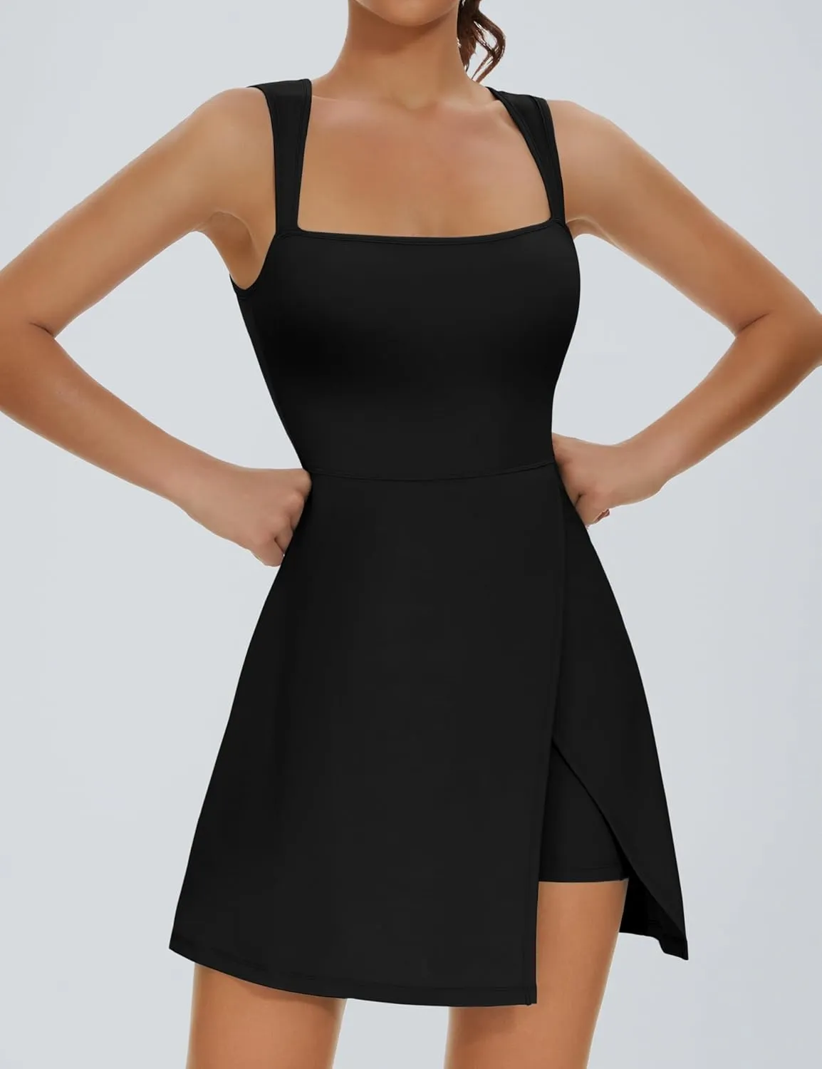 Fengbay Womens Tennis Dress Square Neck Sleeveless Athletic Dress Side Slit Flare Workout Dress