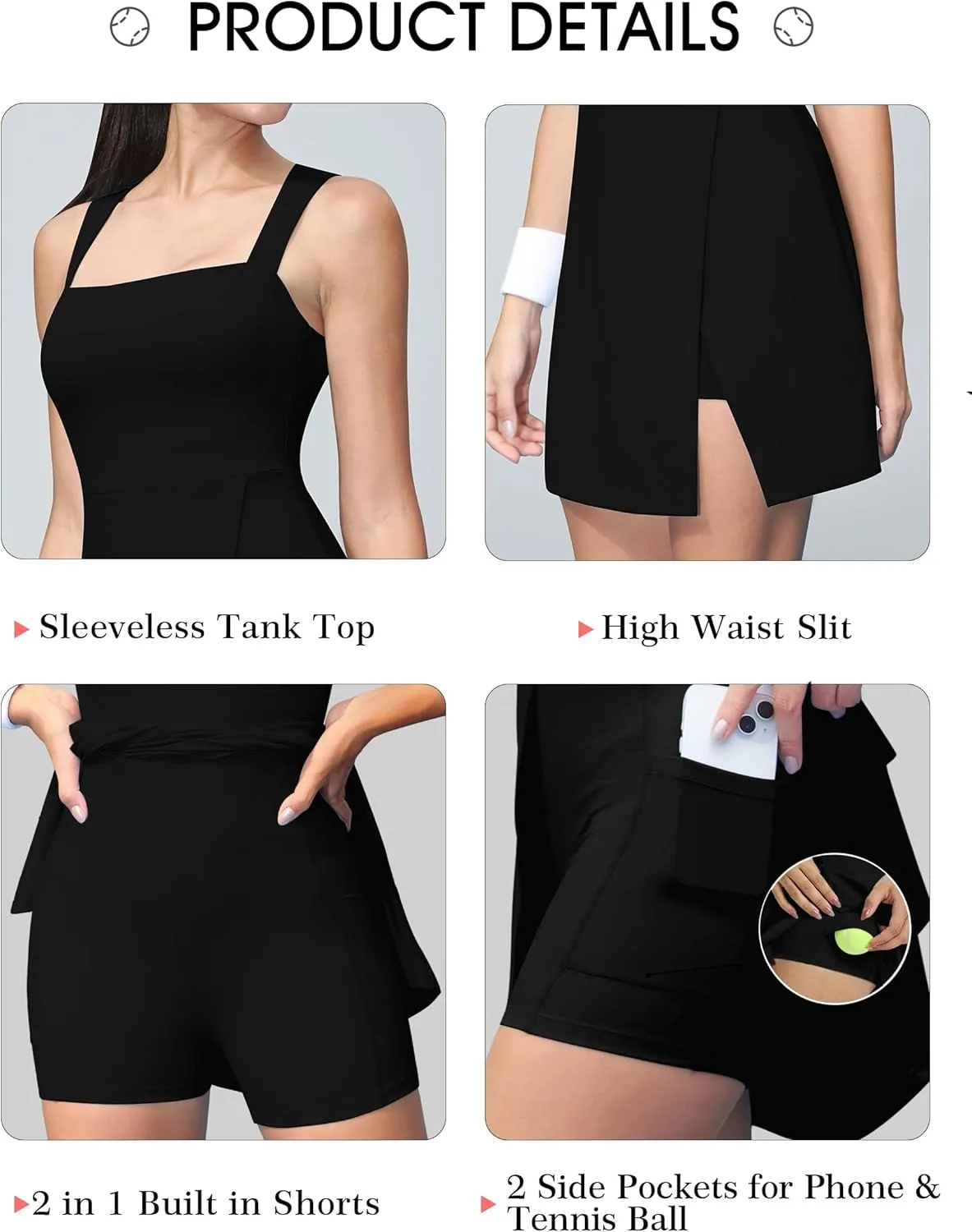 Fengbay Womens Tennis Dress Square Neck Sleeveless Athletic Dress Side Slit Flare Workout Dress
