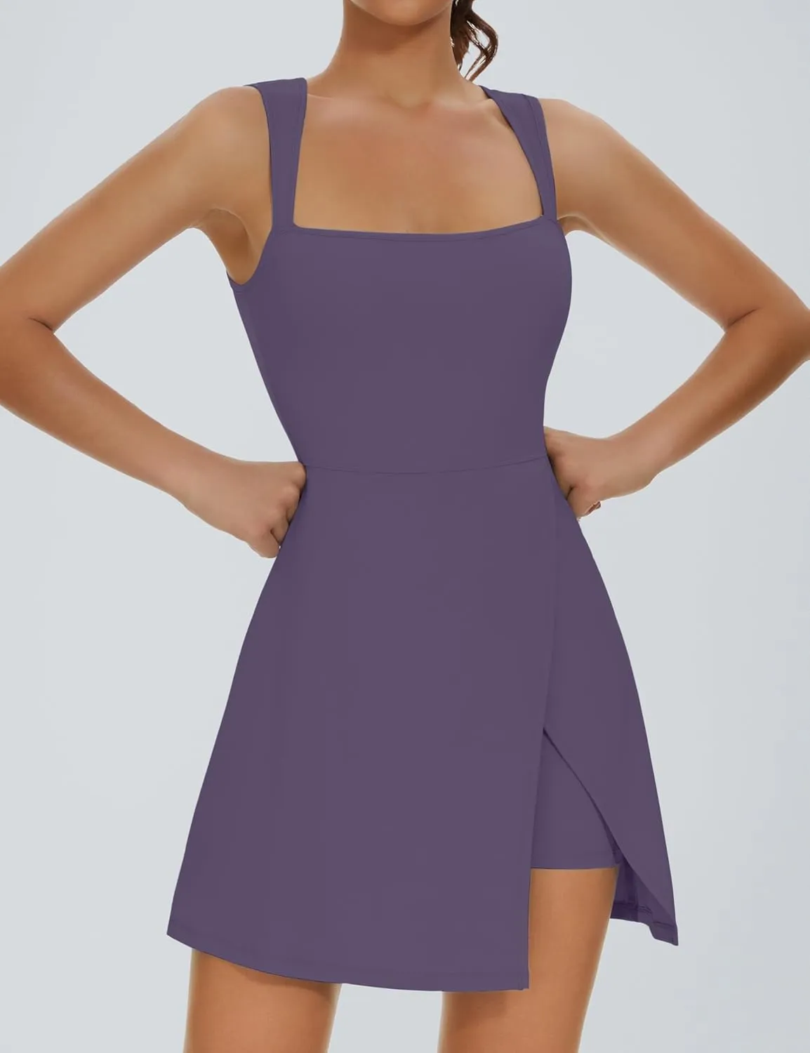 Fengbay Womens Tennis Dress Square Neck Sleeveless Athletic Dress Side Slit Flare Workout Dress