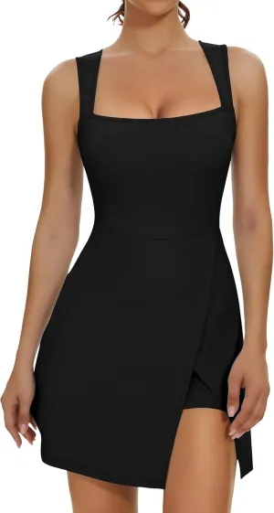 Fengbay Womens Tennis Dress Square Neck Sleeveless Athletic Dress Side Slit Flare Workout Dress