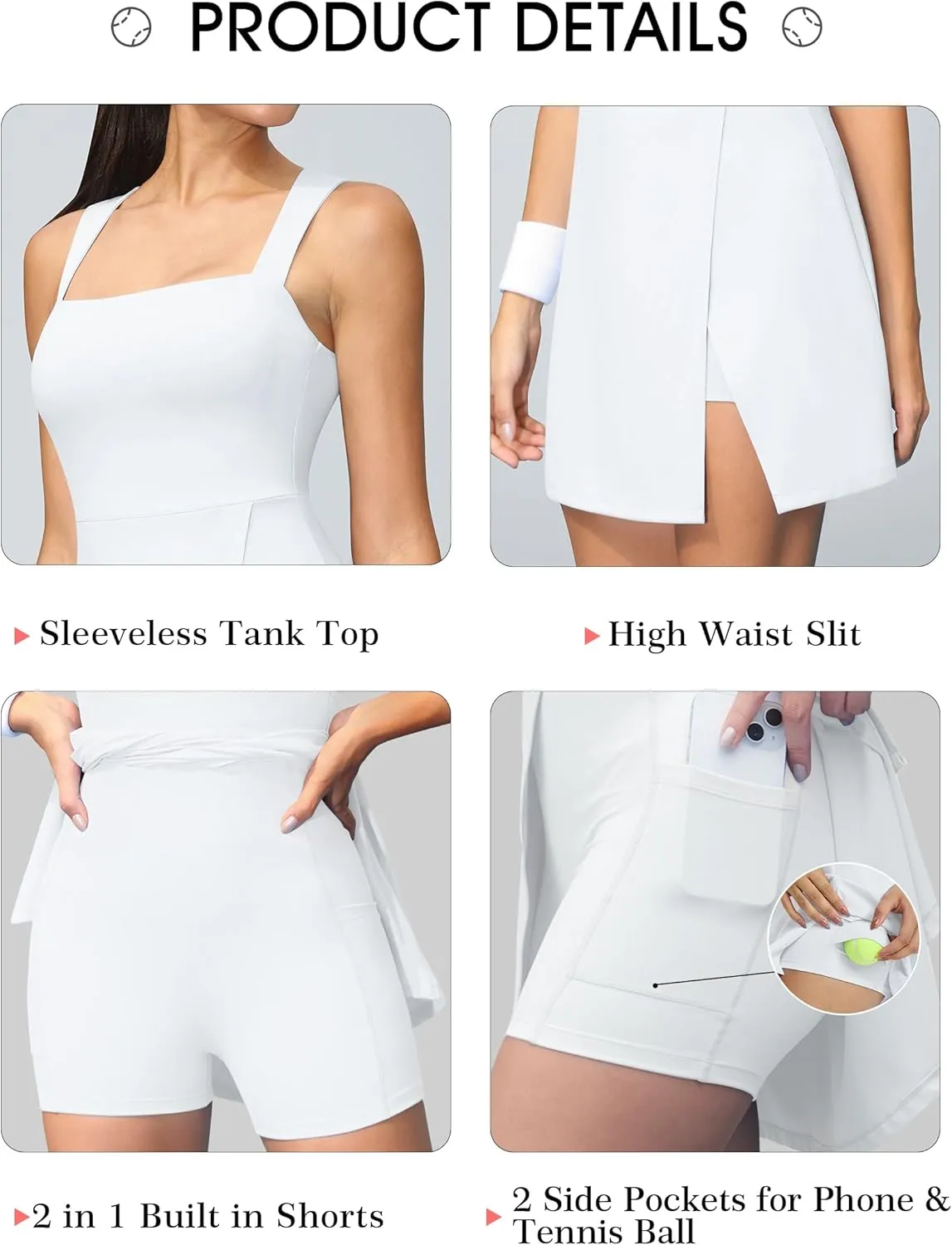 Fengbay Womens Tennis Dress Square Neck Sleeveless Athletic Dress Side Slit Flare Workout Dress