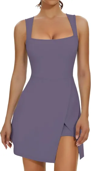Fengbay Womens Tennis Dress Square Neck Sleeveless Athletic Dress Side Slit Flare Workout Dress