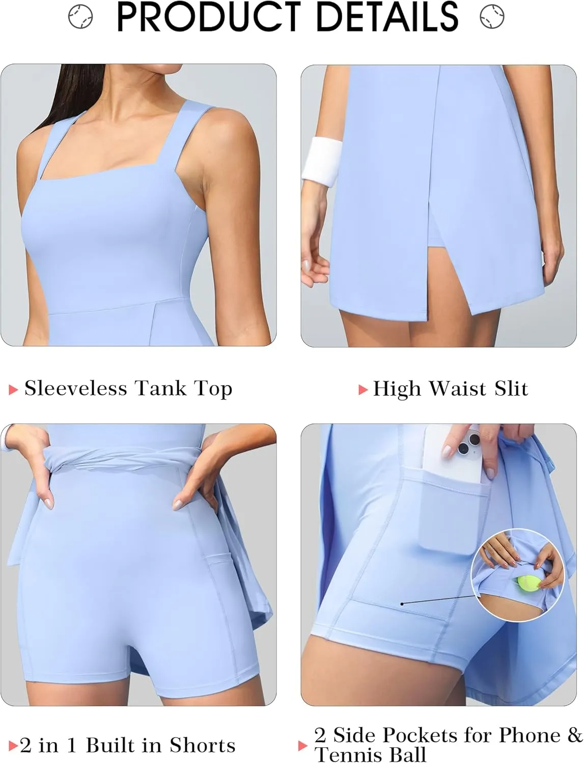 Fengbay Womens Tennis Dress Square Neck Sleeveless Athletic Dress Side Slit Flare Workout Dress
