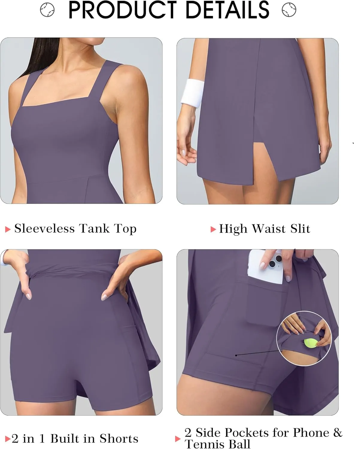 Fengbay Womens Tennis Dress Square Neck Sleeveless Athletic Dress Side Slit Flare Workout Dress