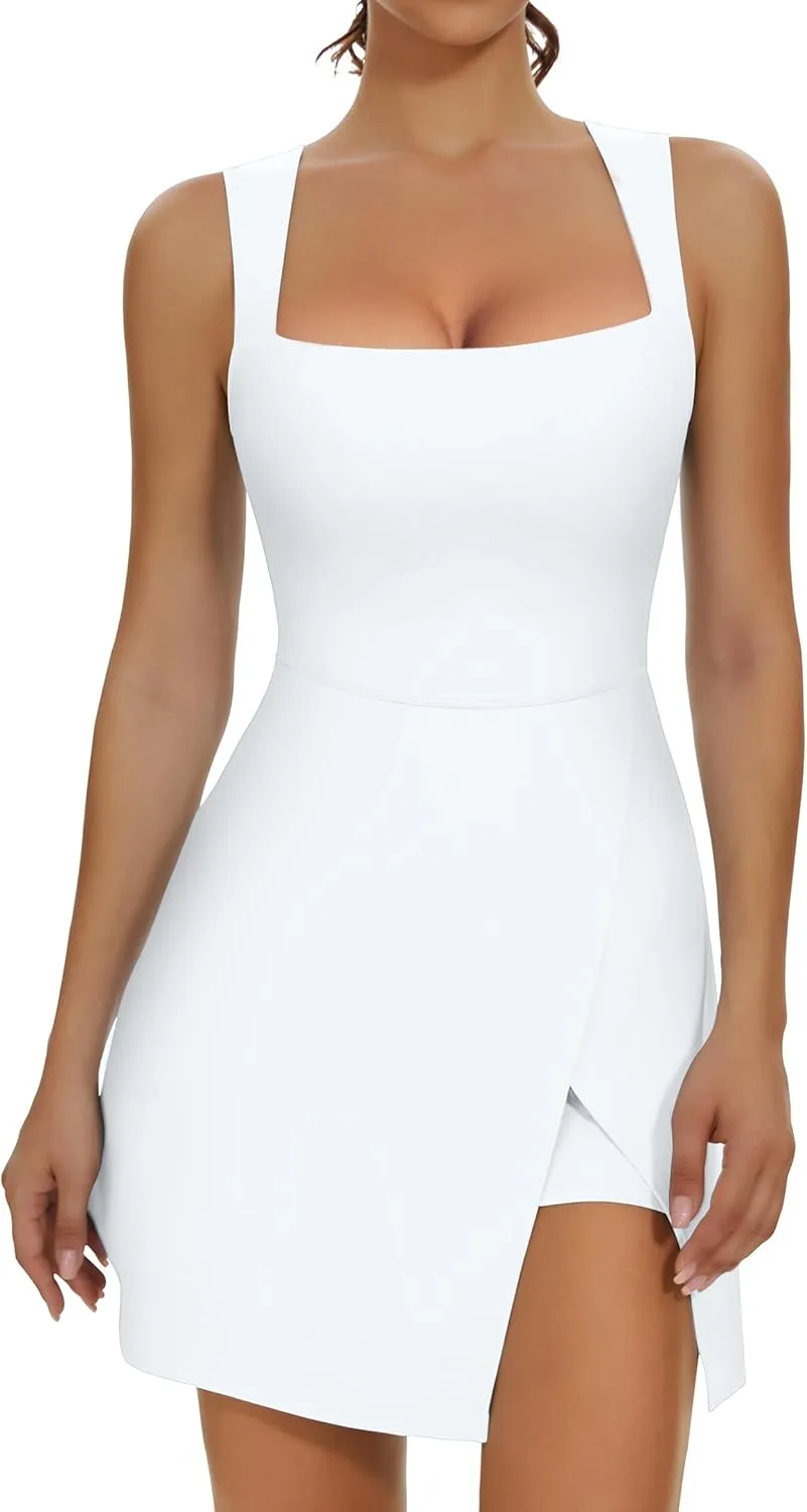 Fengbay Womens Tennis Dress Square Neck Sleeveless Athletic Dress Side Slit Flare Workout Dress