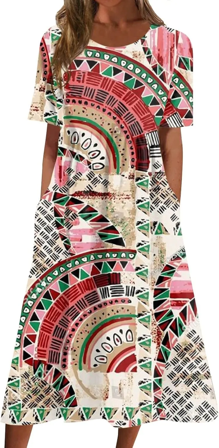 FlekmanArt Dresses for Women 2025 Printed Pleated Long Dress Pocket Short Sleeve Dresses Round Neck Loose Beach Dress