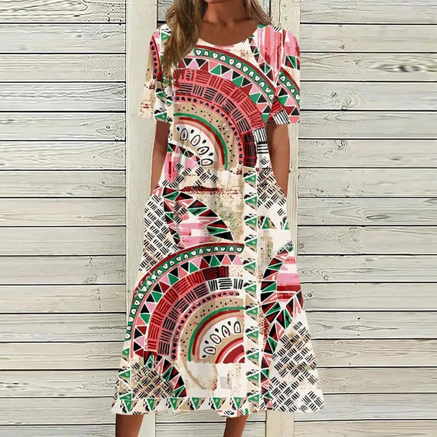 FlekmanArt Dresses for Women 2025 Printed Pleated Long Dress Pocket Short Sleeve Dresses Round Neck Loose Beach Dress
