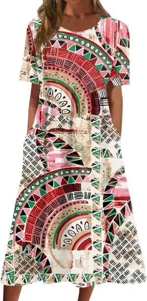 FlekmanArt Dresses for Women 2025 Printed Pleated Long Dress Pocket Short Sleeve Dresses Round Neck Loose Beach Dress