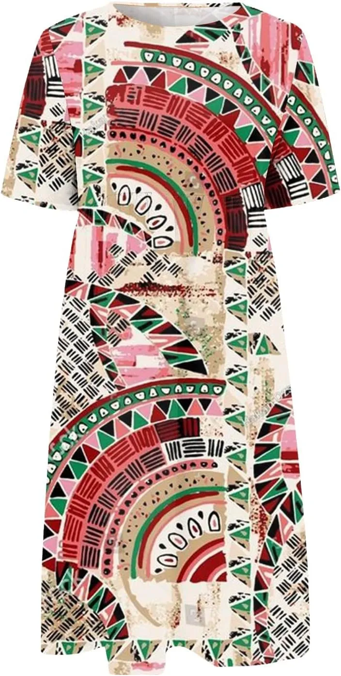FlekmanArt Dresses for Women 2025 Printed Pleated Long Dress Pocket Short Sleeve Dresses Round Neck Loose Beach Dress