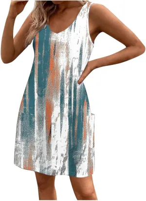 Floral Beach Coverups Summer Mini Tank Dresses for Women 2025 Fashion Casual Loose Sleeveless Sundresses with Pockets