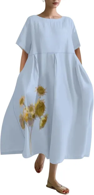 Floral Boho Dress for Women Loose Fit Linen Short Sleeve Vintage Sunflower Print Dresses with Pockets Summer Sundress