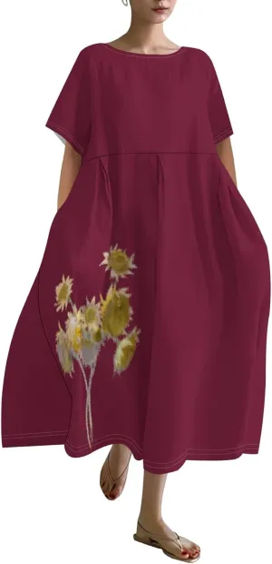 Floral Boho Dress for Women Loose Fit Linen Short Sleeve Vintage Sunflower Print Dresses with Pockets Summer Sundress