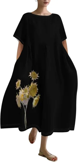 Floral Boho Dress for Women Loose Fit Linen Short Sleeve Vintage Sunflower Print Dresses with Pockets Summer Sundress