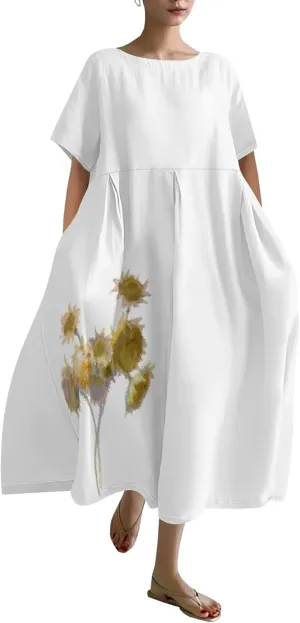 Floral Boho Dress for Women Loose Fit Linen Short Sleeve Vintage Sunflower Print Dresses with Pockets Summer Sundress