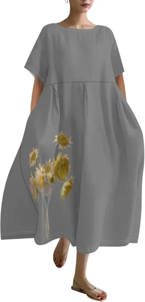 Floral Boho Dress for Women Loose Fit Linen Short Sleeve Vintage Sunflower Print Dresses with Pockets Summer Sundress