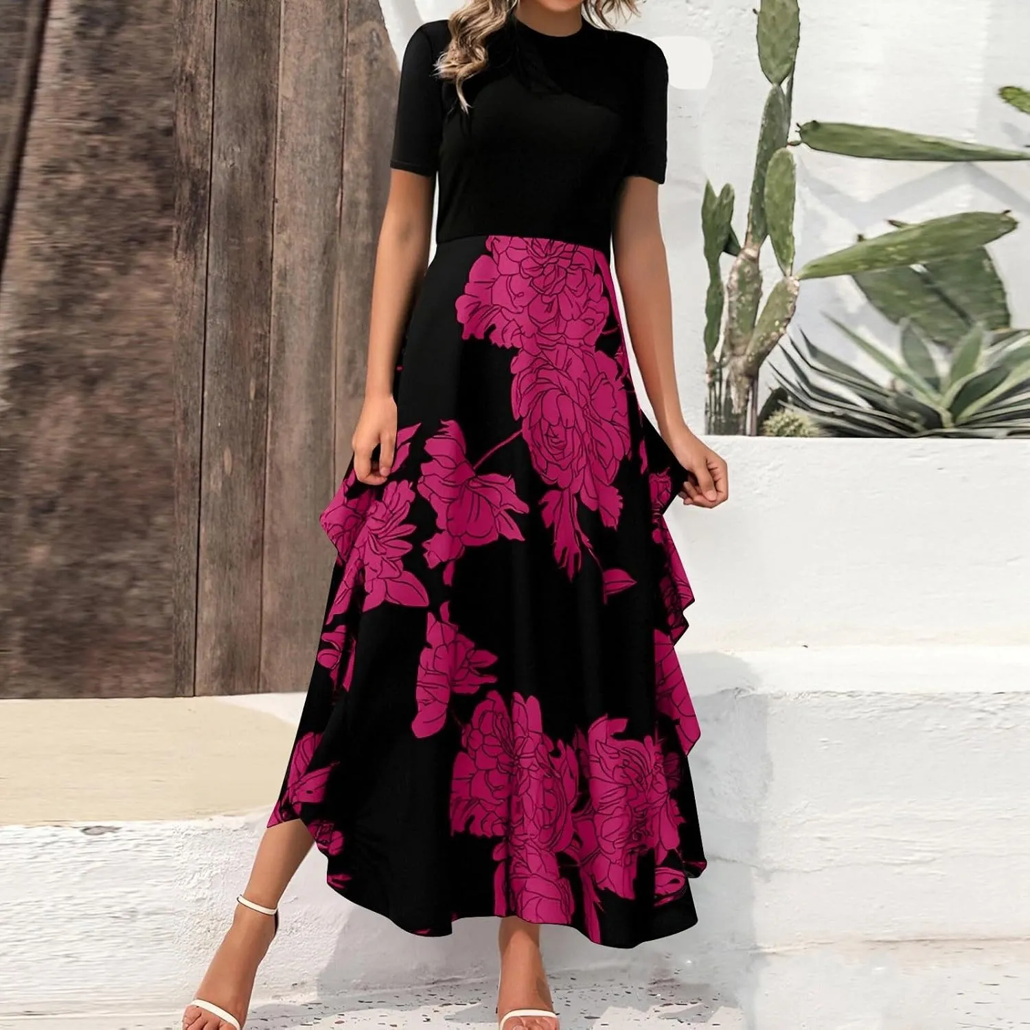 Floral Dress for Women Wedding Guest Summer Maxi Dresses Casual Flowy Short Sleeve Crewneck Cocktail Party Sundresses