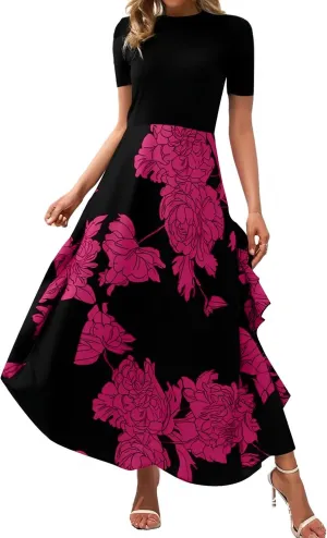 Floral Dress for Women Wedding Guest Summer Maxi Dresses Casual Flowy Short Sleeve Crewneck Cocktail Party Sundresses