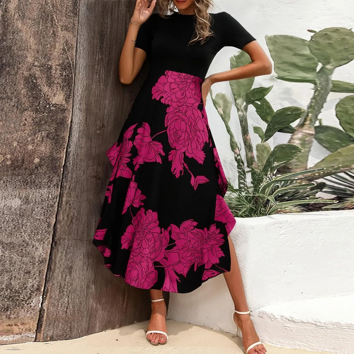 Floral Dress for Women Wedding Guest Summer Maxi Dresses Casual Flowy Short Sleeve Crewneck Cocktail Party Sundresses
