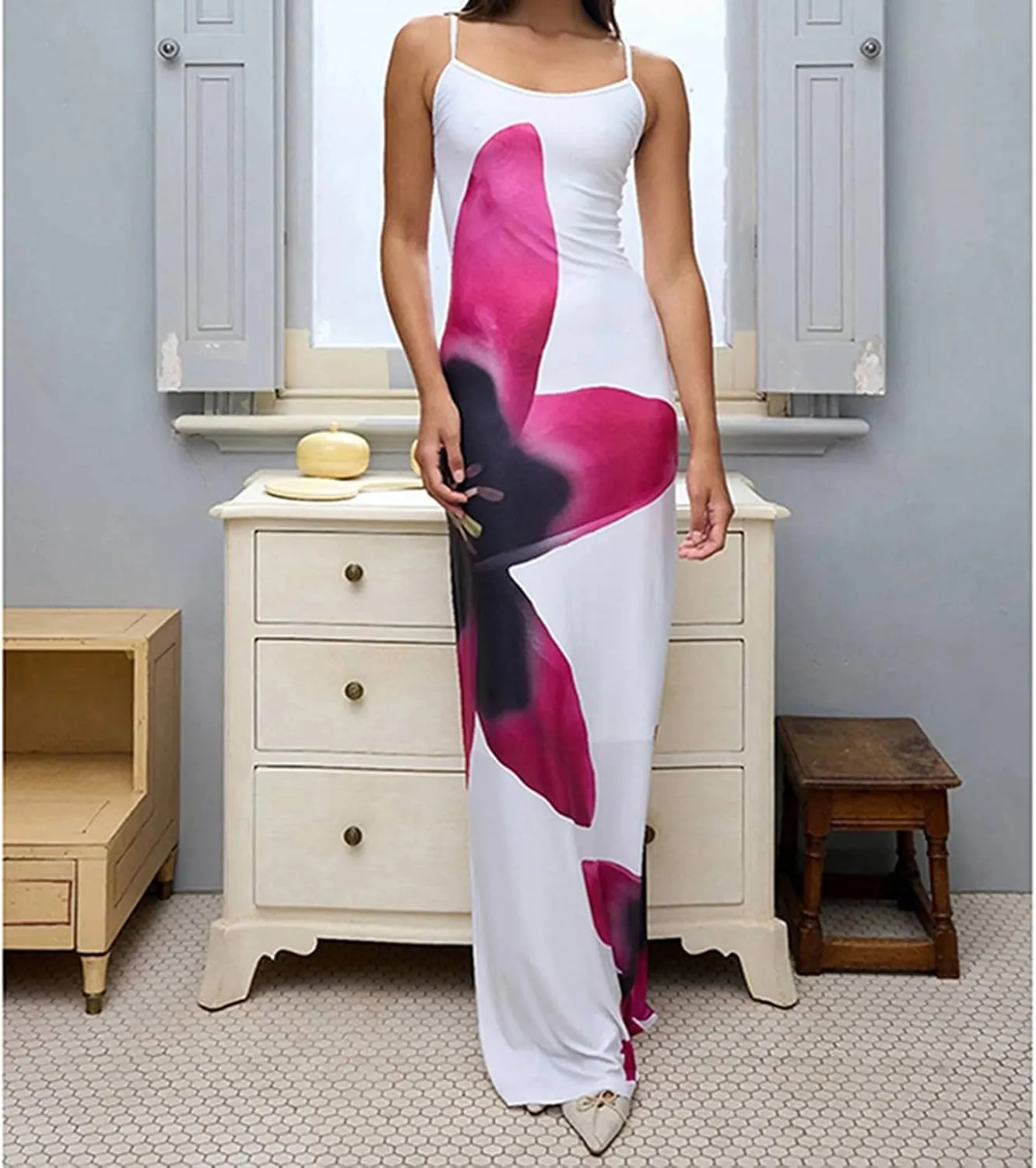 Floral Maxi Dresses for Women 2025 Elegant Spaghetti Strap Bodycon Wedding Guest Dress Summer Party Formal Sundress