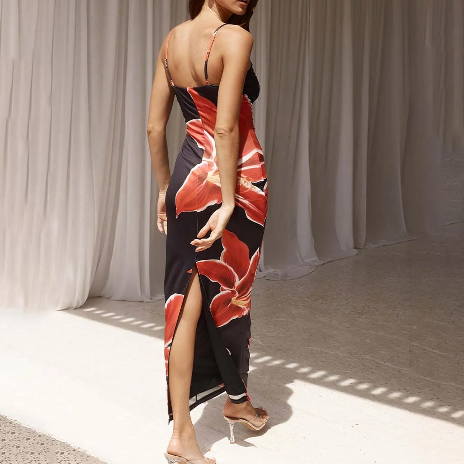Floral Maxi Dresses for Women 2025 Elegant Spaghetti Strap Bodycon Wedding Guest Dress Summer Party Formal Sundress