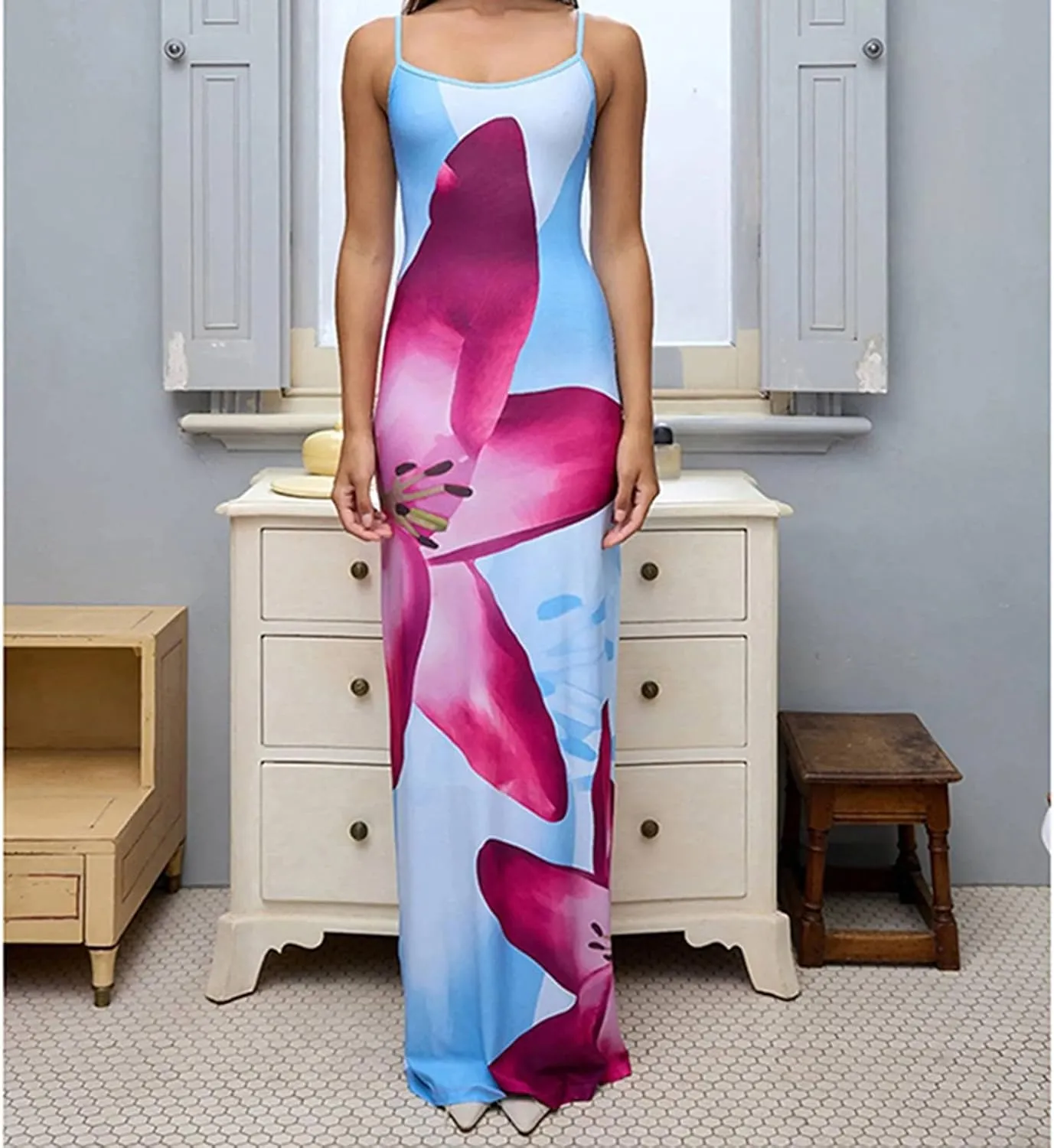 Floral Maxi Dresses for Women 2025 Elegant Spaghetti Strap Bodycon Wedding Guest Dress Summer Party Formal Sundress