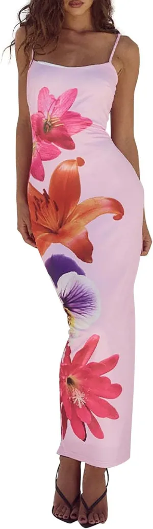Floral Maxi Dresses for Women 2025 Elegant Spaghetti Strap Bodycon Wedding Guest Dress Summer Party Formal Sundress