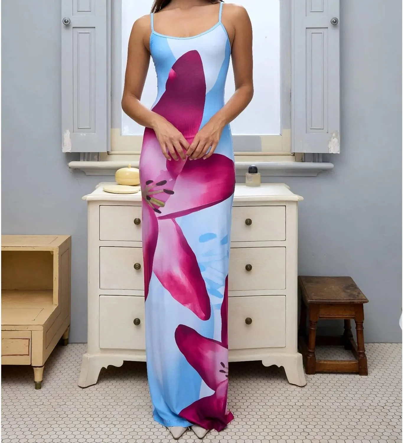 Floral Maxi Dresses for Women 2025 Elegant Spaghetti Strap Bodycon Wedding Guest Dress Summer Party Formal Sundress