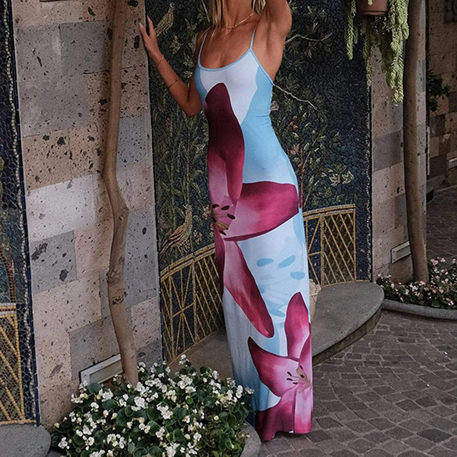 Floral Maxi Dresses for Women 2025 Elegant Spaghetti Strap Bodycon Wedding Guest Dress Summer Party Formal Sundress