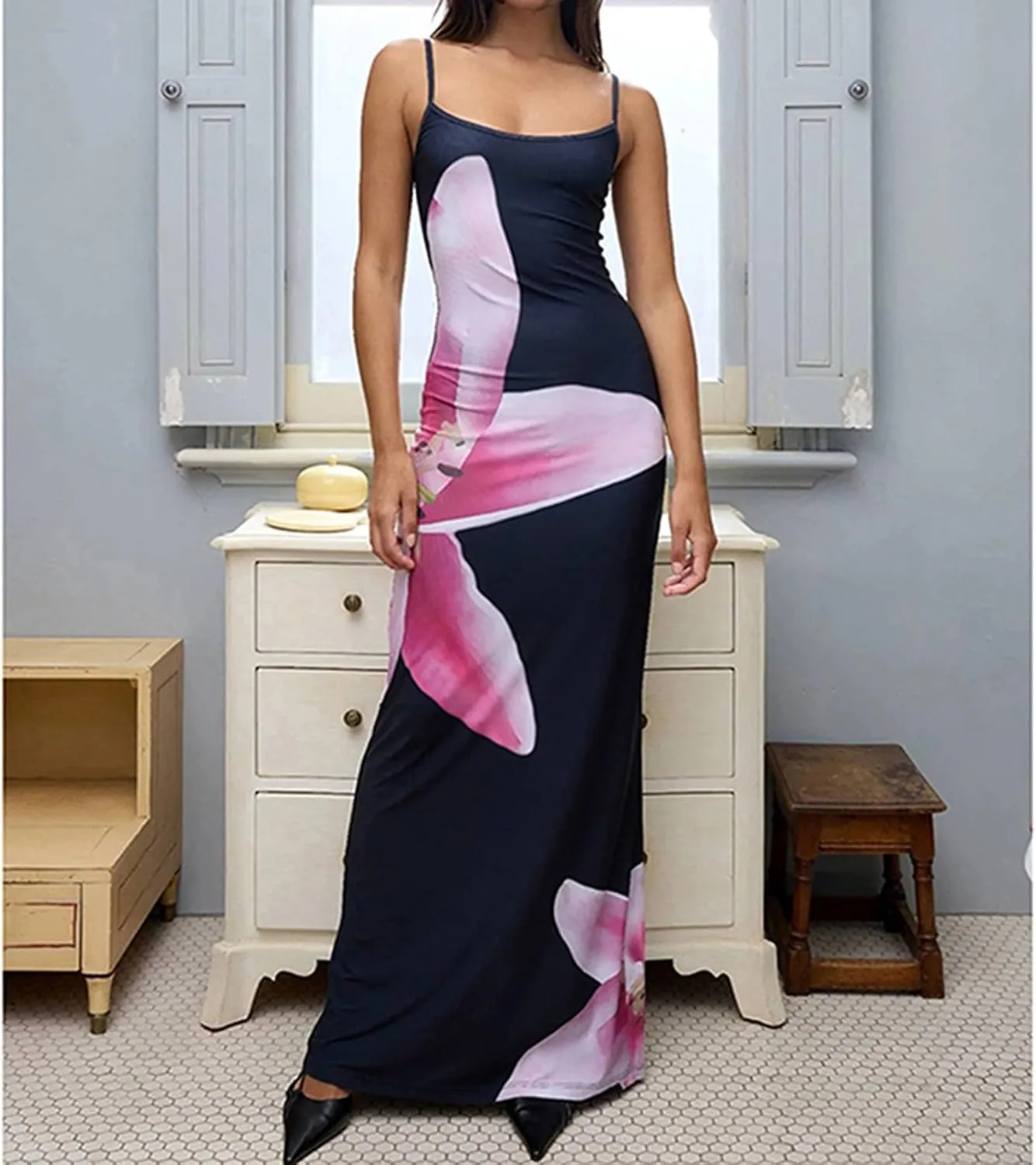 Floral Maxi Dresses for Women 2025 Elegant Spaghetti Strap Bodycon Wedding Guest Dress Summer Party Formal Sundress