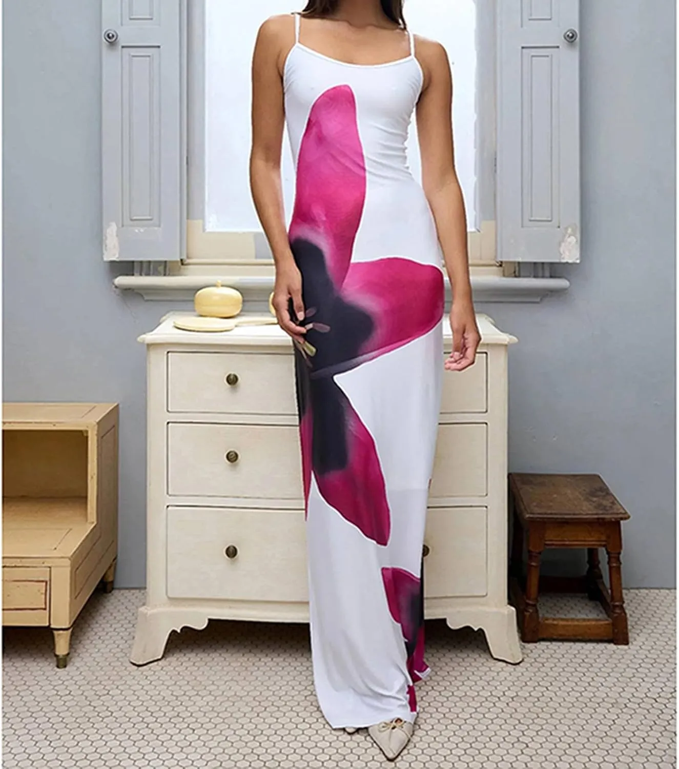 Floral Maxi Dresses for Women 2025 Elegant Spaghetti Strap Bodycon Wedding Guest Dress Summer Party Formal Sundress