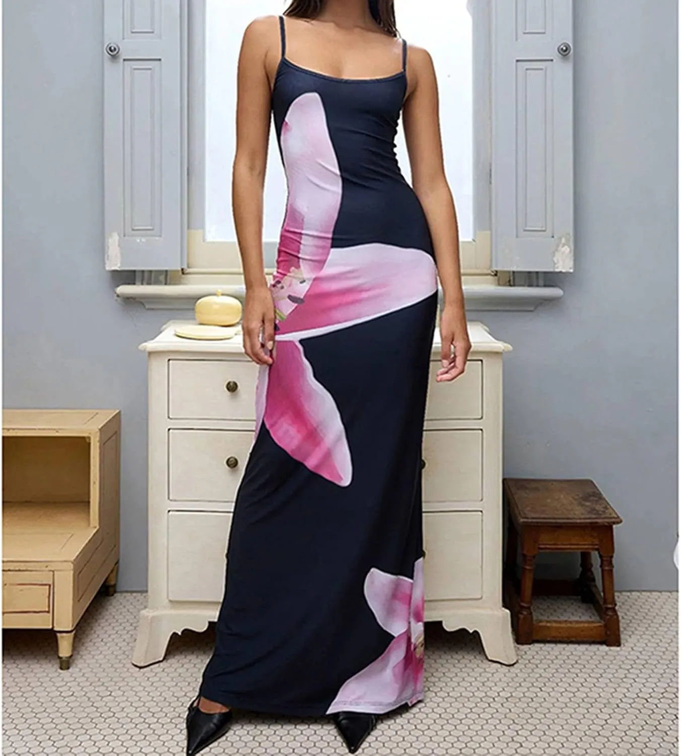 Floral Maxi Dresses for Women 2025 Elegant Spaghetti Strap Bodycon Wedding Guest Dress Summer Party Formal Sundress