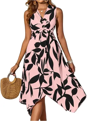 Floral Midi Dresses for Women Summer Flowy Sleeveless V Nevk Tie Wrap Dress Y2k Irregular Hem Casual Beach Sundress